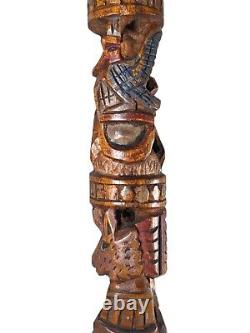 Bâton de marche en bois sculpté à la main de style tiki aztèque vintage avec visage d'oiseau de tribu - Art populaire