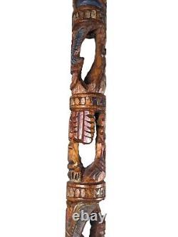 Bâton de marche en bois sculpté à la main de style tiki aztèque vintage avec visage d'oiseau de tribu - Art populaire