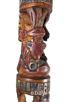 Bâton de marche en bois sculpté à la main de style tiki aztèque vintage avec visage d'oiseau de tribu - Art populaire