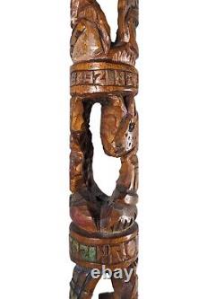 Bâton de marche en bois sculpté à la main de style tiki aztèque vintage avec visage d'oiseau de tribu - Art populaire