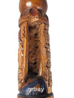 Bâton de marche en bois sculpté à la main de style tiki aztèque vintage avec visage d'oiseau de tribu - Art populaire