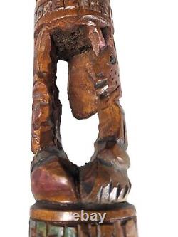 Bâton de marche en bois sculpté à la main de style tiki aztèque vintage avec visage d'oiseau de tribu - Art populaire