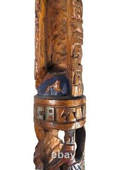 Bâton de marche en bois sculpté à la main de style tiki aztèque vintage avec visage d'oiseau de tribu - Art populaire