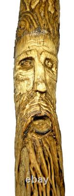 Bâton de marche en bois sculpté à la main esprit de sorcier 46 T poignée art populaire unique