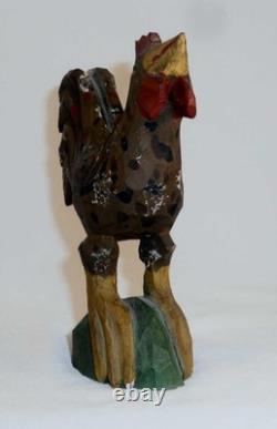Belle coq en bois folklorique sculpté à la main et peint de 1993 par Jonathan Bastian