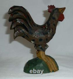 Belle coq en bois folklorique sculpté à la main et peint de 1993 par Jonathan Bastian