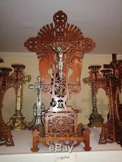 Big Set Antique Tramp En Bois Sculpté Folk Art Crucifix Anges Jésus Bougeoir