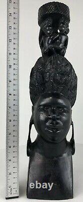 Bois D'ebène Statue Sculpture Sculpté À La Main En Afrique Du Sud Folk Art Femme & Childen