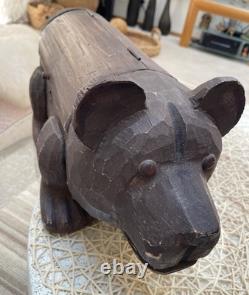 Boîte de rangement en bois sculpté en forme d’ours PALECEK des années 90, collection Folk Art, originale, rare