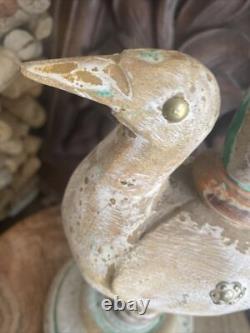 Bougeoir antique primitif sculpté en bois, canard leurre d’art populaire fait main