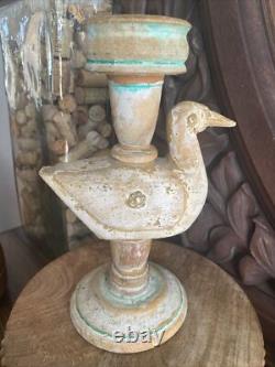 Bougeoir antique primitif sculpté en bois, canard leurre d’art populaire fait main