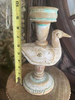 Bougeoir antique primitif sculpté en bois, canard leurre d’art populaire fait main