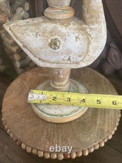 Bougeoir antique primitif sculpté en bois, canard leurre d’art populaire fait main