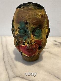 Buste en bois sculpté à la main d'art populaire ancien, art peint éclaboussé, pièce unique, figure masculine