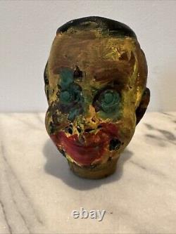 Buste en bois sculpté à la main d'art populaire ancien, art peint éclaboussé, pièce unique, figure masculine