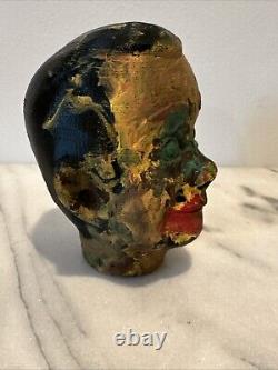 Buste en bois sculpté à la main d'art populaire ancien, art peint éclaboussé, pièce unique, figure masculine