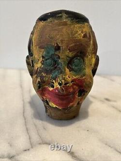 Buste en bois sculpté à la main d'art populaire ancien, art peint éclaboussé, pièce unique, figure masculine