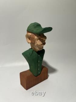 Buste en bois sculpté à la main, homme, sculpture d'art populaire S. L. Walker 2003 5,75