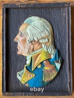 Buste profil antique en bois sculpté et peint de George Washington, domaine de Nouvelle-Angleterre
