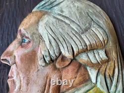 Buste profil antique en bois sculpté et peint de George Washington, domaine de Nouvelle-Angleterre