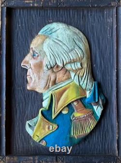 Buste profil antique en bois sculpté et peint de George Washington, domaine de Nouvelle-Angleterre