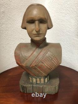 Buste vintage de George Washington, art populaire américain, bois sculpté polychrome, 15 
<br/> 
