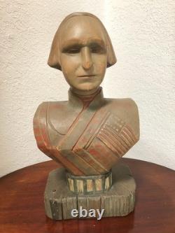 Buste vintage de George Washington, art populaire américain, bois sculpté polychrome, 15  <br/>