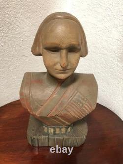 Buste vintage de George Washington, art populaire américain, bois sculpté polychrome, 15 <br/> 