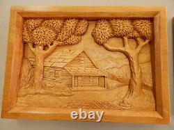 Cabane en bois sculptée d'art populaire vintage, scène de paysage en 3D de moulin à eau, pin B. K. 97