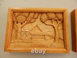 Cabane en bois sculptée d'art populaire vintage, scène de paysage en 3D de moulin à eau, pin B. K. 97