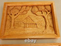 Cabane en bois sculptée d'art populaire vintage, scène de paysage en 3D de moulin à eau, pin B. K. 97
