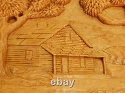 Cabane en bois sculptée d'art populaire vintage, scène de paysage en 3D de moulin à eau, pin B. K. 97