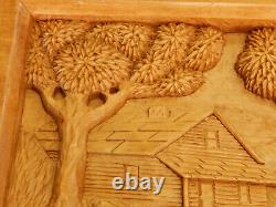 Cabane en bois sculptée d'art populaire vintage, scène de paysage en 3D de moulin à eau, pin B. K. 97