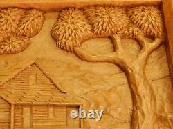 Cabane en bois sculptée d'art populaire vintage, scène de paysage en 3D de moulin à eau, pin B. K. 97