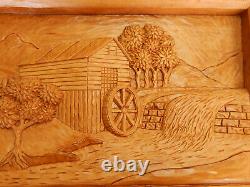 Cabane en bois sculptée d'art populaire vintage, scène de paysage en 3D de moulin à eau, pin B. K. 97