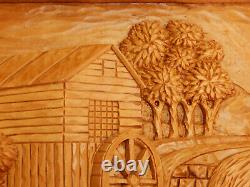 Cabane en bois sculptée d'art populaire vintage, scène de paysage en 3D de moulin à eau, pin B. K. 97