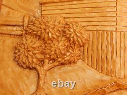 Cabane en bois sculptée d'art populaire vintage, scène de paysage en 3D de moulin à eau, pin B. K. 97