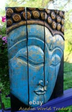 Calm Blue Buddha Panneau Mural Art Sculpture Pliant Écran Main Sculptée Bois Bali
