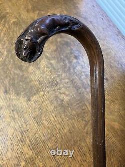 Canne de marche en bois sculptée à la main, renard ou loup, art populaire primitif antique