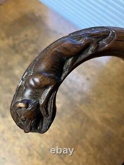 Canne de marche en bois sculptée à la main, renard ou loup, art populaire primitif antique