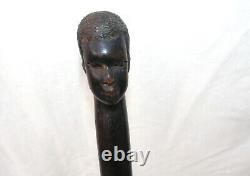 Canne de marche pour homme en bois sculpté d'ébène antique vintage, art populaire américain
