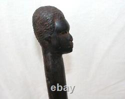 Canne de marche pour homme en bois sculpté d'ébène antique vintage, art populaire américain
