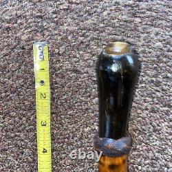 Canne de marche vintage en bois/horn sculpté d'art populaire antique, bouton de swagger 36.5 #fh