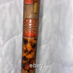 Canne de marche vintage en bois/horn sculpté d'art populaire antique, bouton de swagger 36.5 #fh
