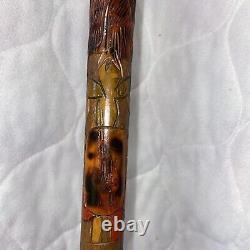 Canne de marche vintage en bois/horn sculpté d'art populaire antique, bouton de swagger 36.5 #fh