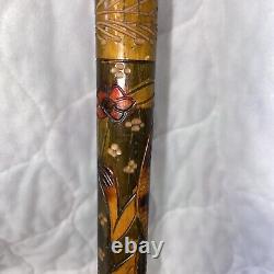 Canne de marche vintage en bois/horn sculpté d'art populaire antique, bouton de swagger 36.5 #fh