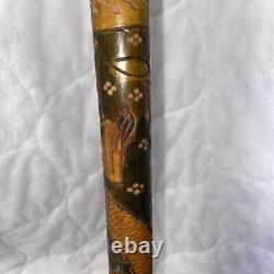 Canne de marche vintage en bois/horn sculpté d'art populaire antique, bouton de swagger 36.5 #fh