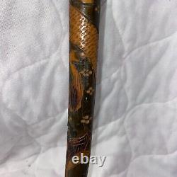 Canne de marche vintage en bois/horn sculpté d'art populaire antique, bouton de swagger 36.5 #fh