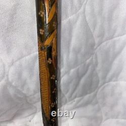 Canne de marche vintage en bois/horn sculpté d'art populaire antique, bouton de swagger 36.5 #fh