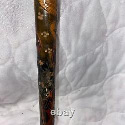 Canne de marche vintage en bois/horn sculpté d'art populaire antique, bouton de swagger 36.5 #fh